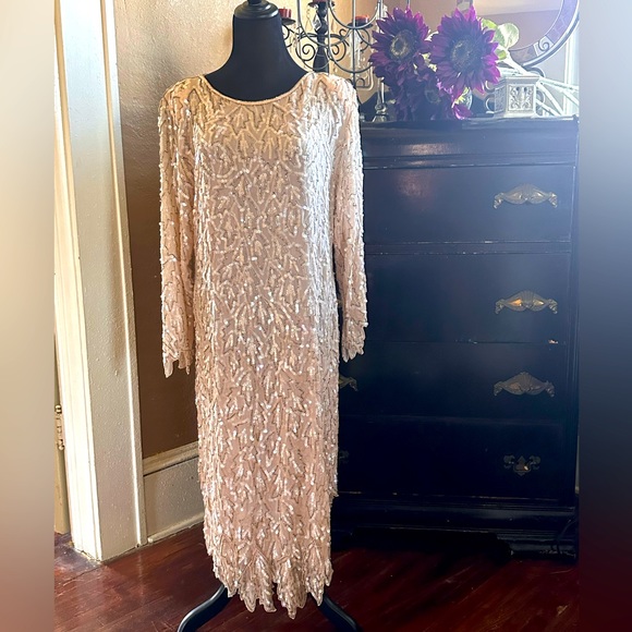 Light Pink Vintage 100% Silk Sequin Dress - Picture 1 of 6